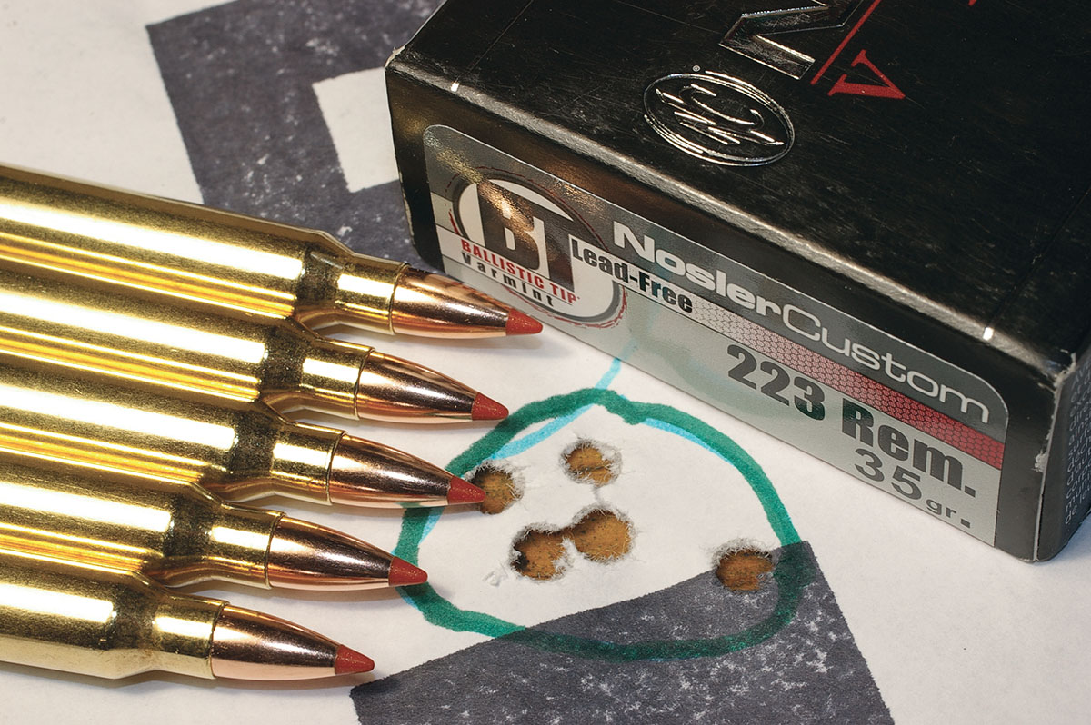 A Savage Predator Hunter .223 Remington shooting NoslerCustom Varmint ammunition with 35-grain Ballistic Tip Lead-Free bullets  produced this group. Velocity  average was slightly over 3,700 fps.